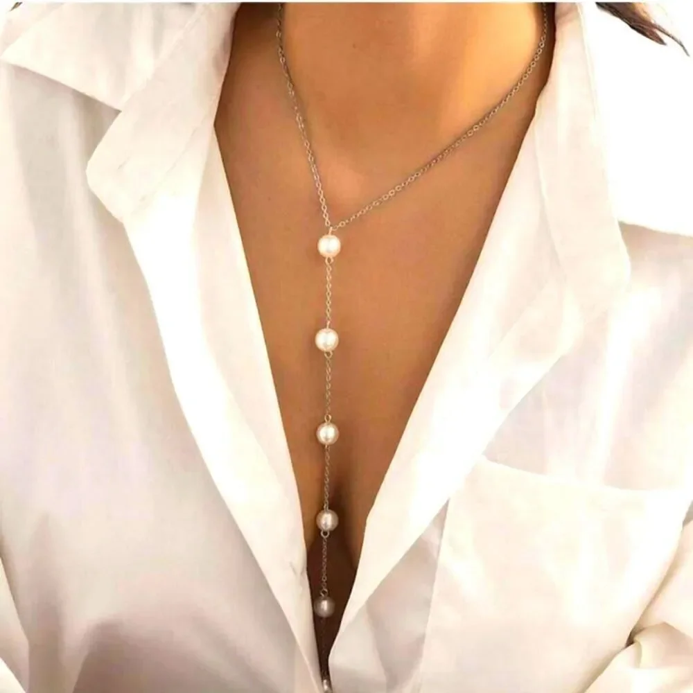 Pearl Y Shaped Necklace Long Pendant Dainty Pearl Drop Silvery or Golden Chain - Picture 5 of 13